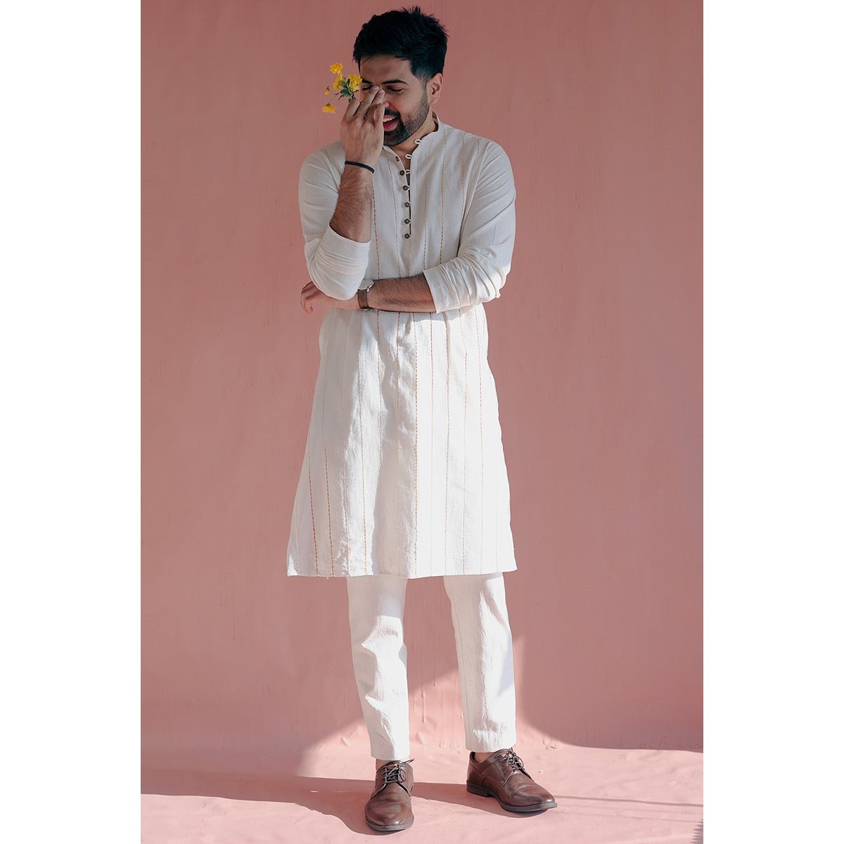 Aralinn Handwoven Khadi Kurta - Chinese Collar, Back Waist Elastic – Mens Kurta on Brown Living™. SKU: DL0148XS. Img 3.