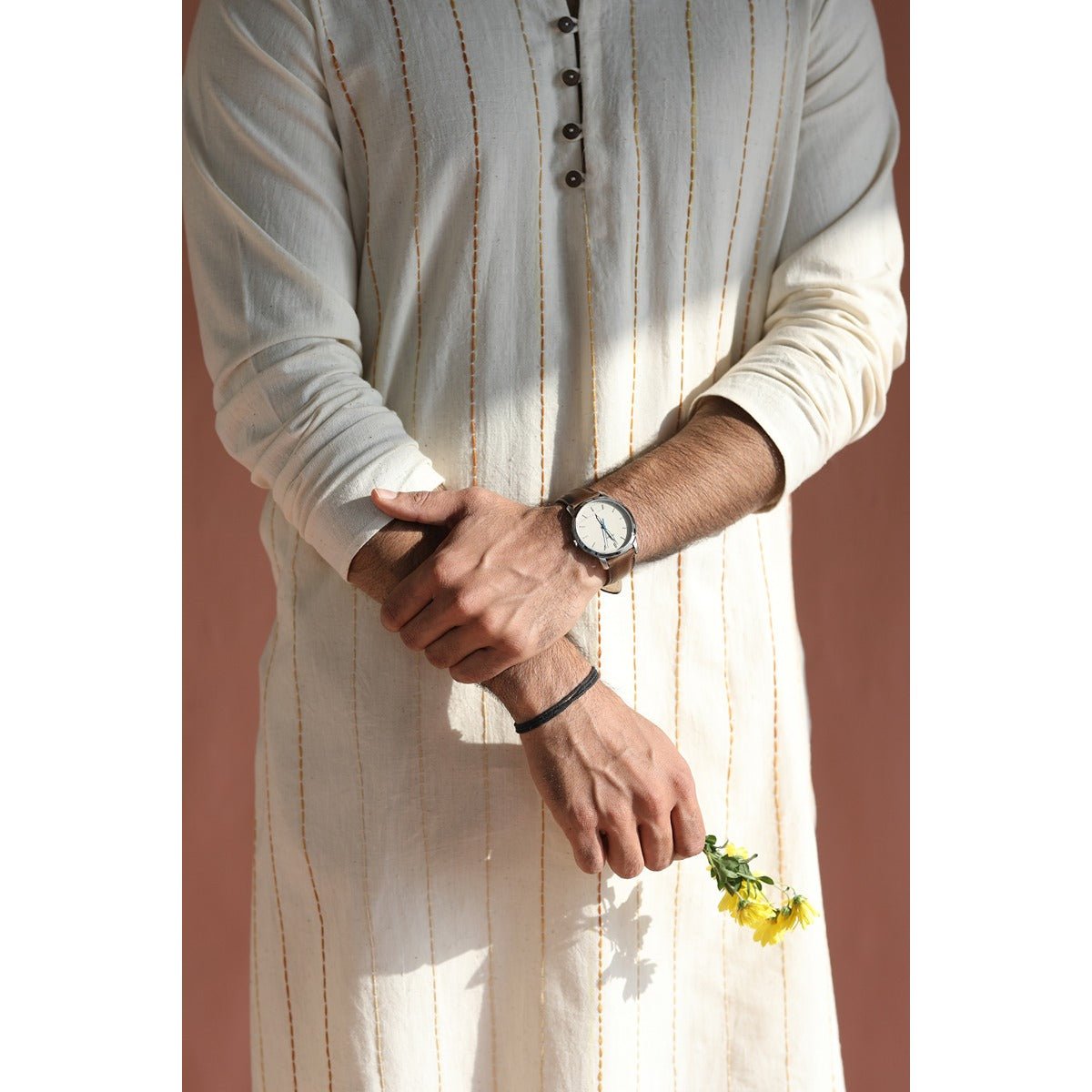 Aralinn Handwoven Khadi Kurta - Chinese Collar, Back Waist Elastic – Mens Kurta on Brown Living™. SKU: DL0148XS. Img 2.