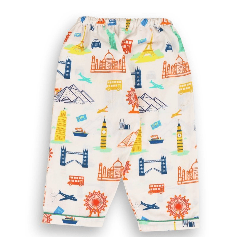 Around The World Unisex Kids Cotton Night Suit, Collar Pajama Set | Verified Sustainable by Brown Living™