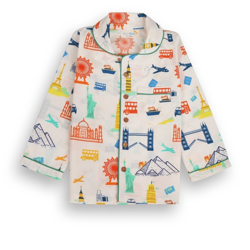Around The World Unisex Kids Cotton Night Suit, Collar Pajama Set | Verified Sustainable by Brown Living™