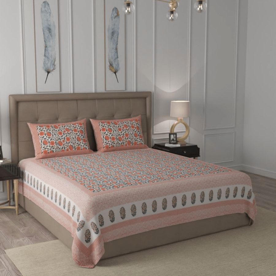 Beige Elegant Hand Block Paisley Print Cotton Super King Size Bedding Set | Verified Sustainable by Brown Living™