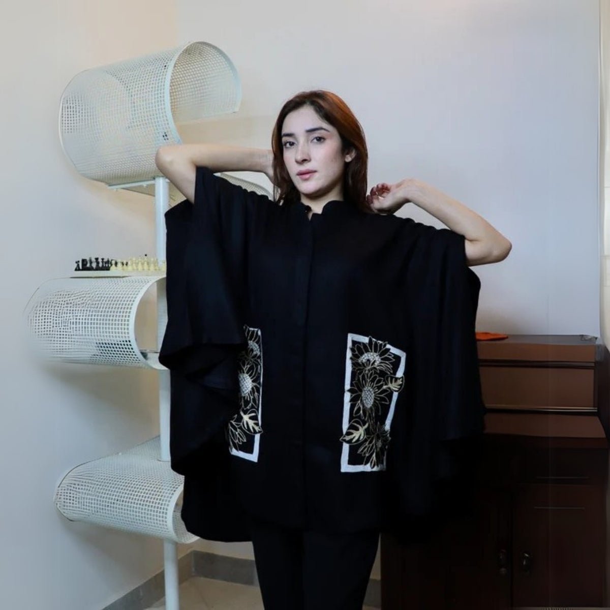 Black Fine Wool Embroidered Cape - Sunflowers | Verified Sustainable by Brown Living™
