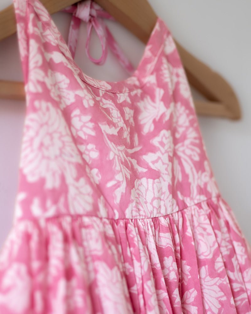 Bloom Pink Floral Hand Block Print Halter Neck Girls Dress | Verified Sustainable by Brown Living™