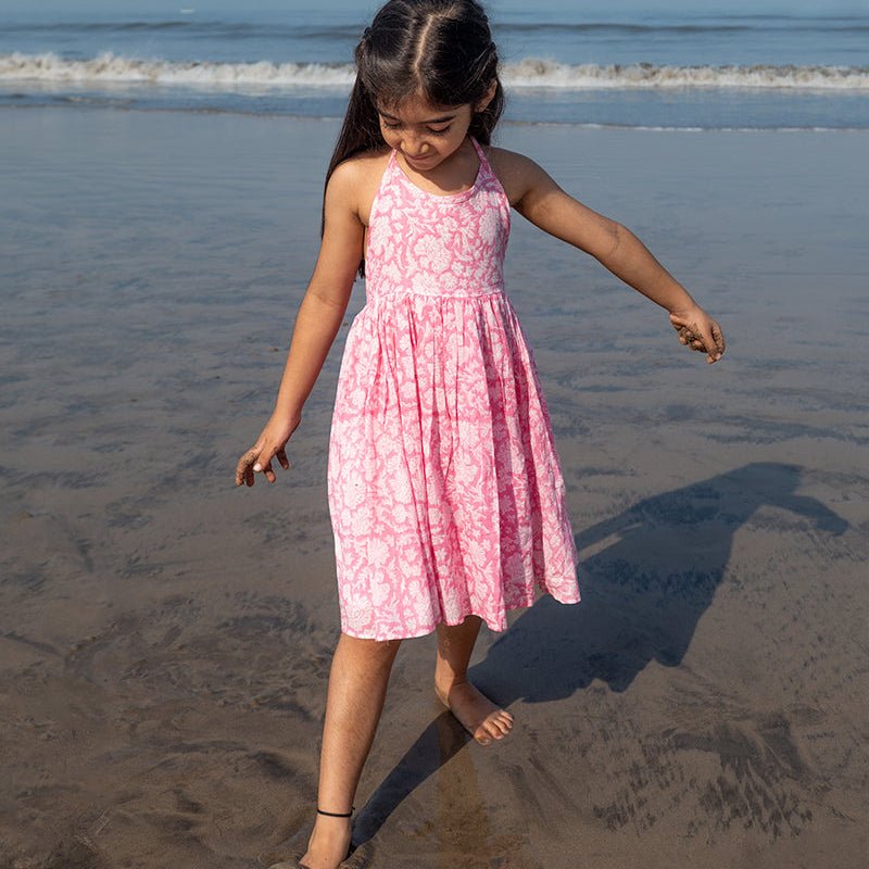 Bloom Pink Floral Hand Block Print Halter Neck Girls Dress | Verified Sustainable by Brown Living™