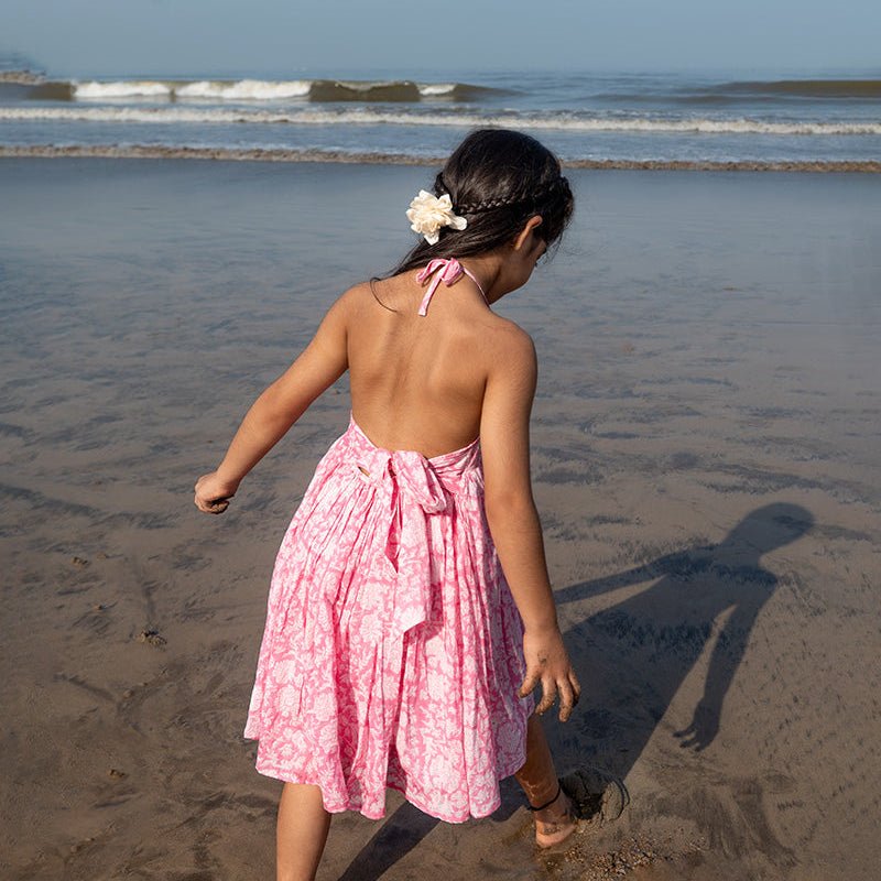 Bloom Pink Floral Hand Block Print Halter Neck Girls Dress | Verified Sustainable by Brown Living™