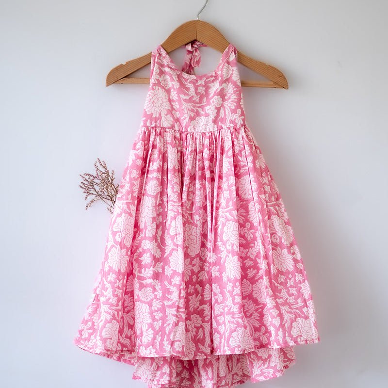 Bloom Pink Floral Hand Block Print Halter Neck Girls Dress | Verified Sustainable by Brown Living™