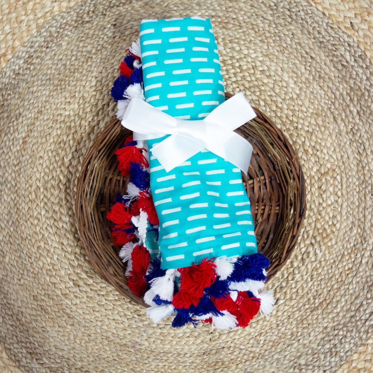 Blue Brick Design Cotton Swaddle with Pompom Border | Verified Sustainable by Brown Living™