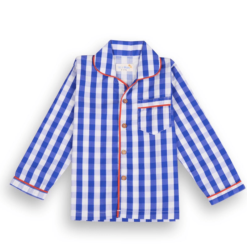 Blue Gingham Unisex Kids Cotton Pajama Set, Kurta & Pajama Set | Verified Sustainable by Brown Living™