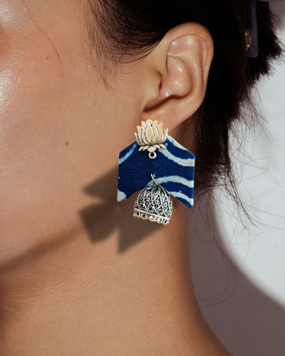Blue printed fabric lotus charm jhumka earrings – Womens earrings by The serene by Rainvas available on Brown Living™. . SKU: RVS - SER - EAR - 04. Img 2.