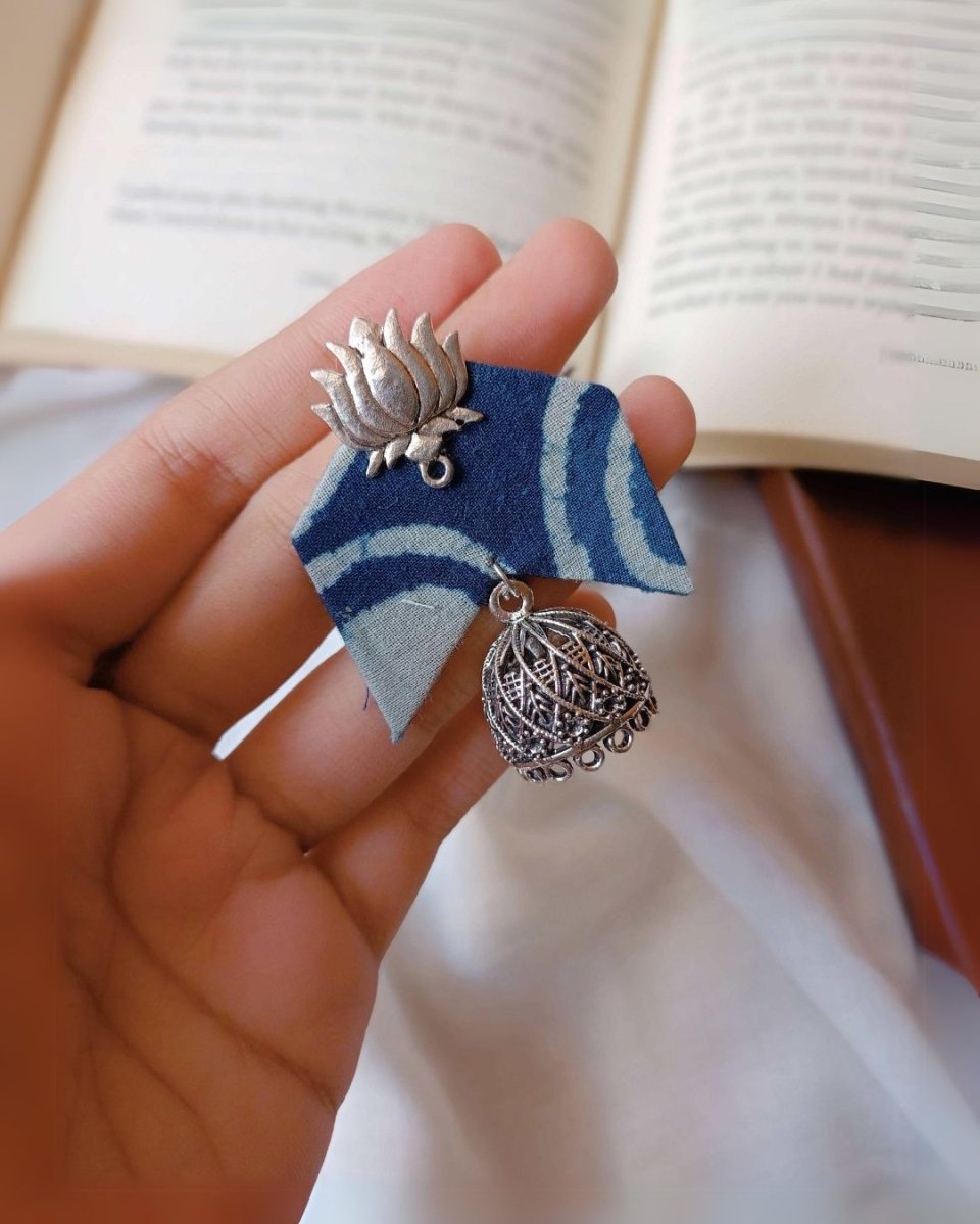 Blue printed fabric lotus charm jhumka earrings – Womens earrings by The serene by Rainvas available on Brown Living™. . SKU: RVS - SER - EAR - 04. Img 5.