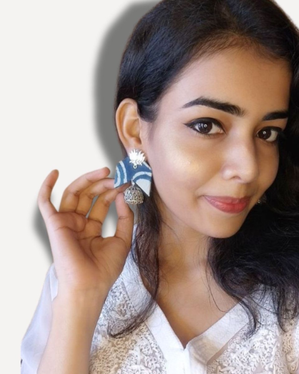 Blue printed fabric lotus charm jhumka earrings – Womens earrings by The serene by Rainvas available on Brown Living™. . SKU: RVS - SER - EAR - 04. Img 4.