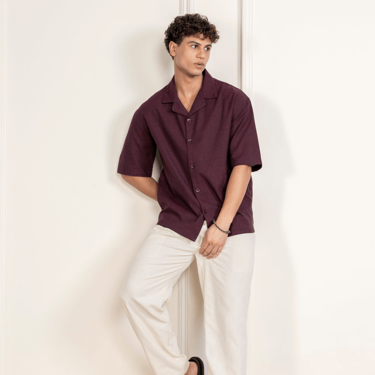 Box Fit Cuban Collar Shirt For Men | Maroon – Men Shirt on Brown Living™. SKU: 1014_38. Img 2.