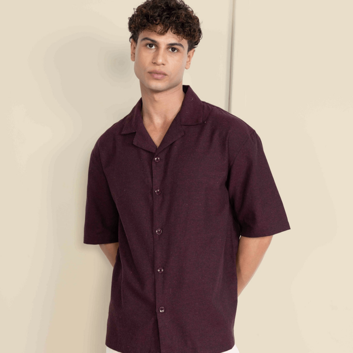 Box Fit Cuban Collar Shirt For Men | Maroon – Men Shirt on Brown Living™. SKU: 1014_38. Img 1.