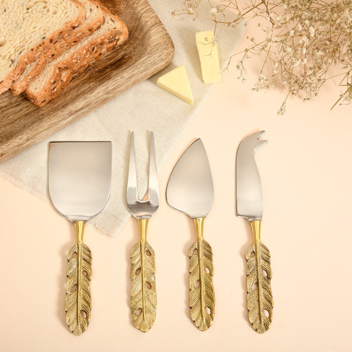 Brass 4 - piece Cheese Knife Set | Punkh - Feather Handle | Verified Sustainable by Brown Living™
