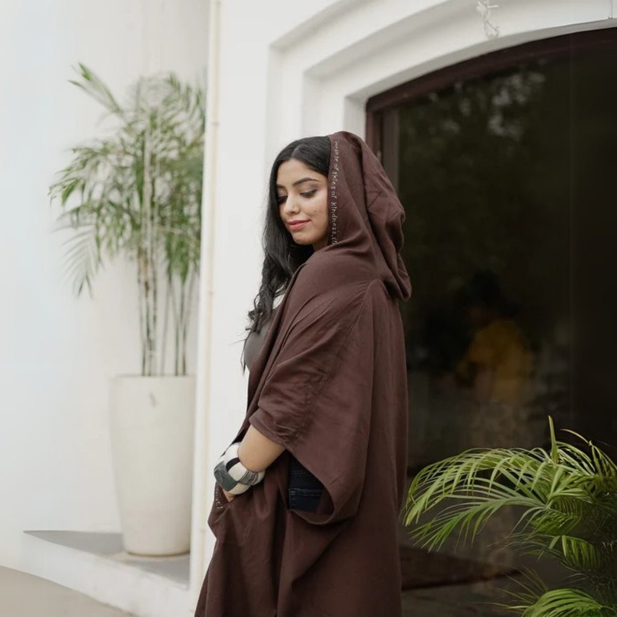 Brown Fine Wool Embroidered Cape - In the Woods | Verified Sustainable by Brown Living™