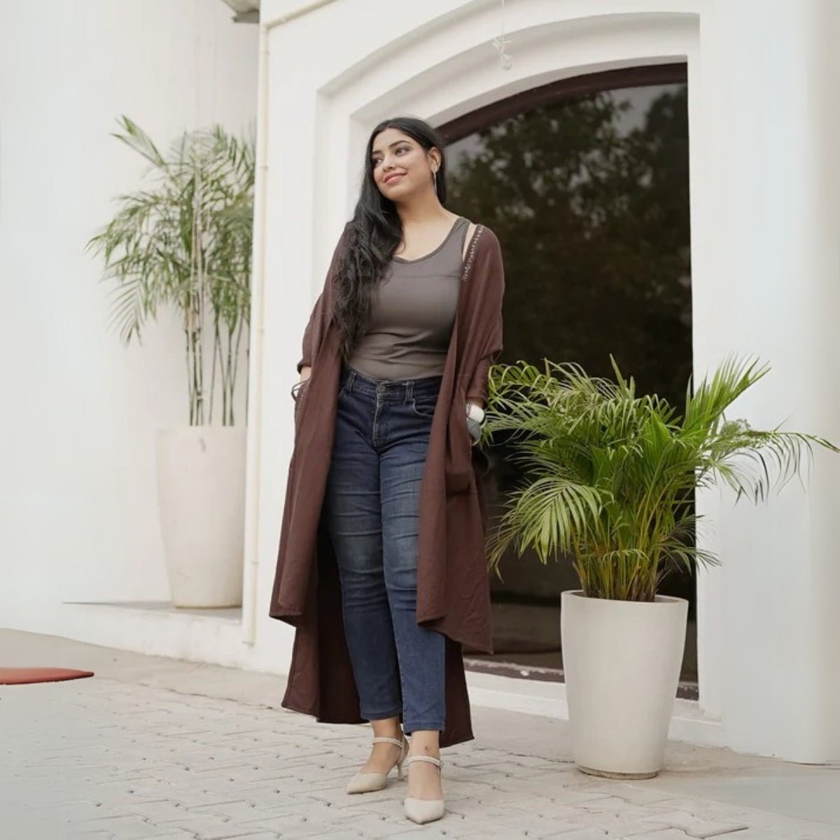Brown Fine Wool Embroidered Cape - In the Woods | Verified Sustainable by Brown Living™