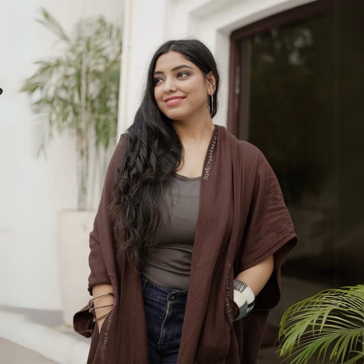 Brown Fine Wool Embroidered Cape - In the Woods | Verified Sustainable by Brown Living™