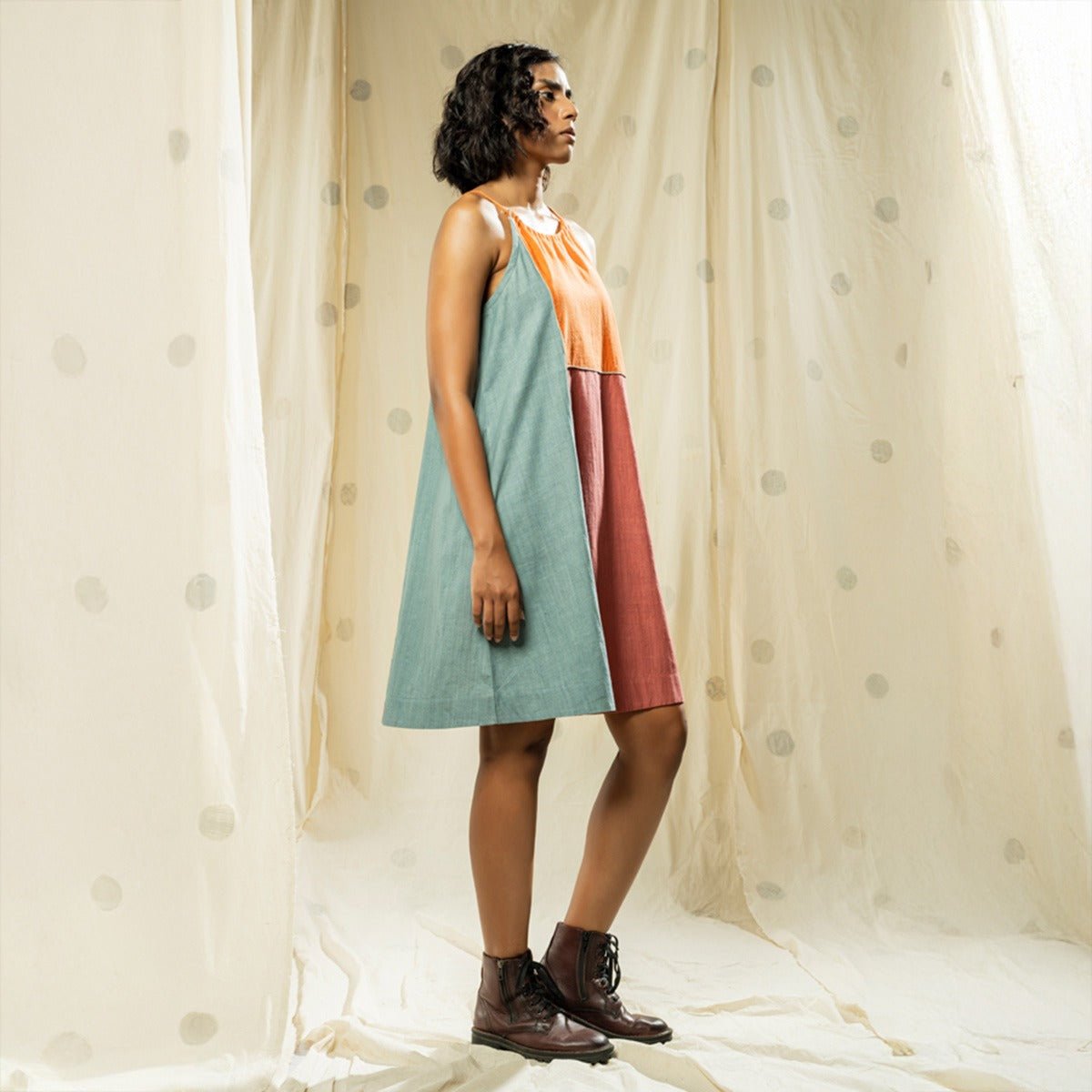Burnt Orange Color Blocked Sleeveless Dress | Verified Sustainable by Brown Living™