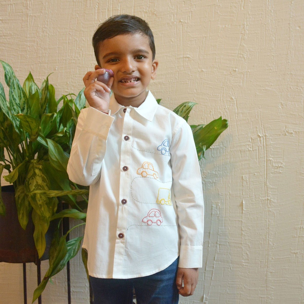 Cars on Road Embroidered Shirt - White | Verified Sustainable by Brown Living™