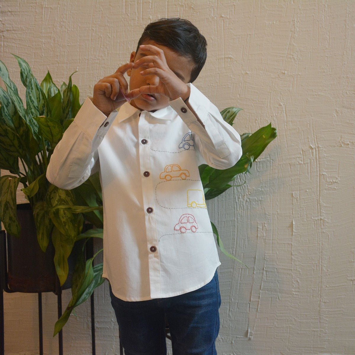 Cars on Road Embroidered Shirt - White | Verified Sustainable by Brown Living™