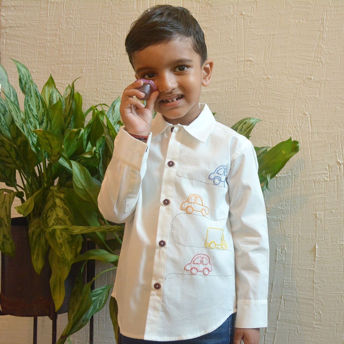 Cars on Road Embroidered Shirt - White | Verified Sustainable by Brown Living™