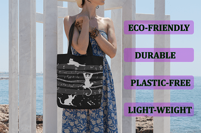 Cat Music Black Canvas Tote – Trendy Zippered Handbag | Verified Sustainable by Brown Living™
