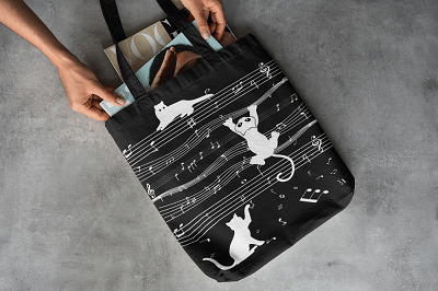 Cat Music Black Canvas Tote – Trendy Zippered Handbag | Verified Sustainable by Brown Living™
