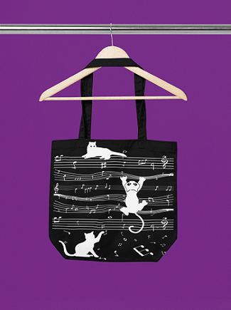 Cat Music Black Canvas Tote – Trendy Zippered Handbag | Verified Sustainable by Brown Living™