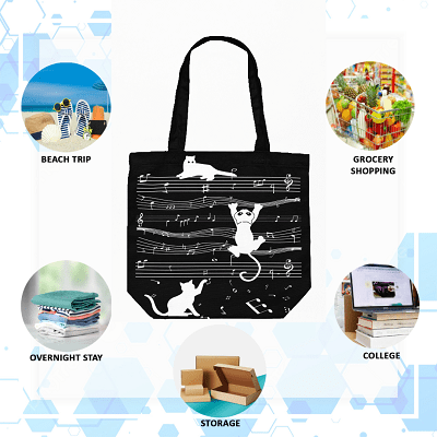 Cat Music Black Canvas Tote – Trendy Zippered Handbag | Verified Sustainable by Brown Living™