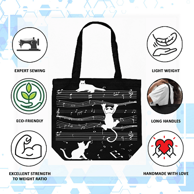 Cat Music Black Canvas Tote – Trendy Zippered Handbag | Verified Sustainable by Brown Living™