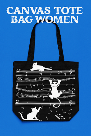 Cat Music Black Canvas Tote – Trendy Zippered Handbag | Verified Sustainable by Brown Living™