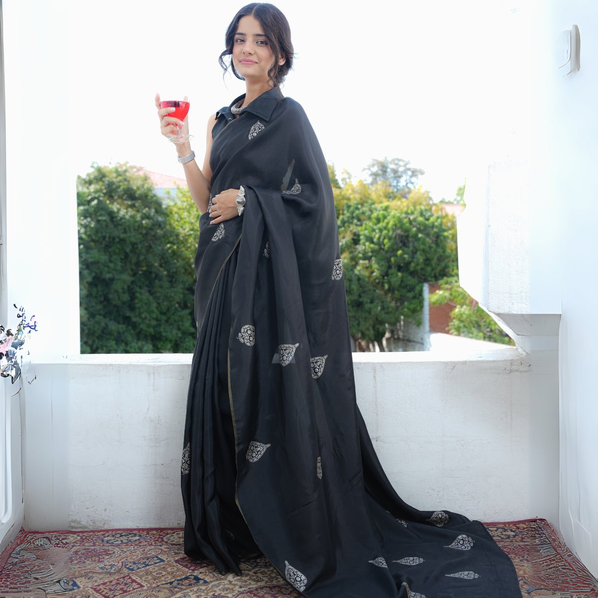 Chandi Ki Saree - Black Silver Butta Silk Saree | Verified Sustainable by Brown Living™