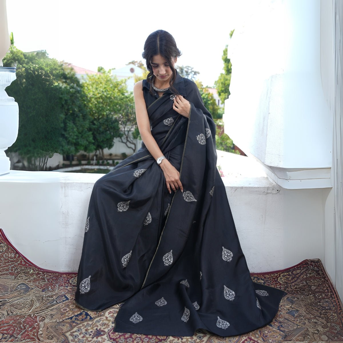Chandi Ki Saree - Black Silver Butta Silk Saree | Verified Sustainable by Brown Living™