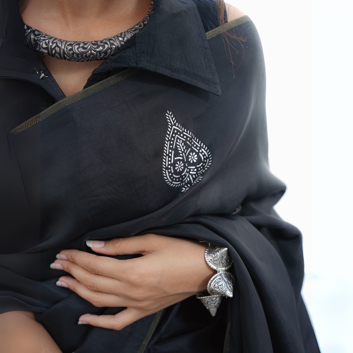 Chandi Ki Saree - Black Silver Butta Silk Saree | Verified Sustainable by Brown Living™
