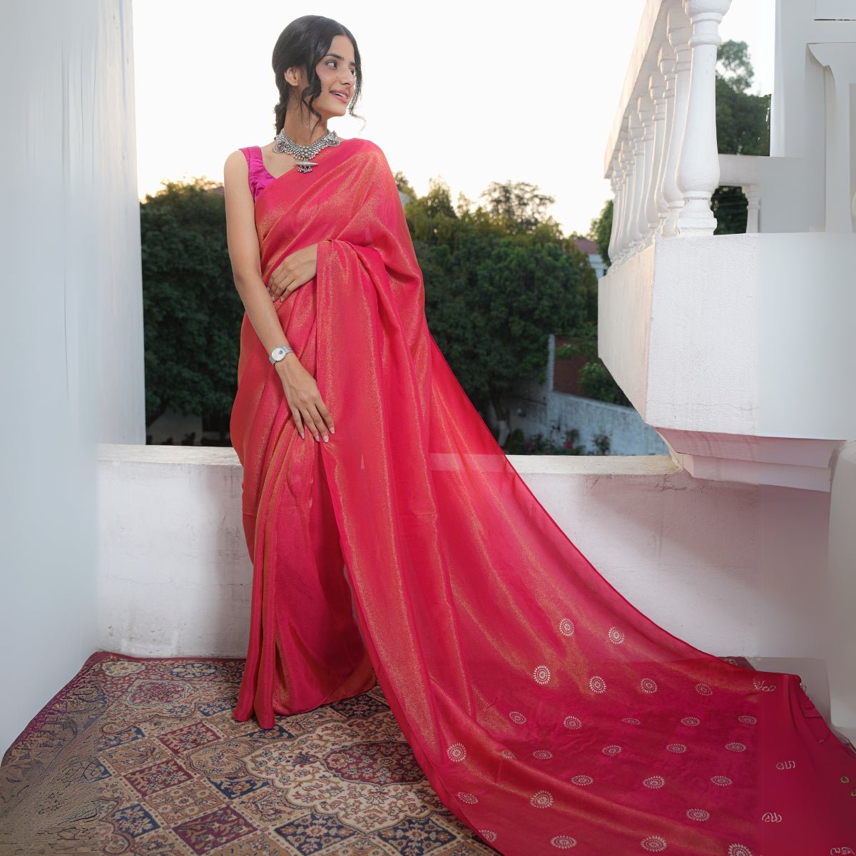 Scarlet Real Silver Saree in Tissue Silk – Womens Saree by October available on Brown Living™. . SKU: SR - SL/CS001 - MG. Img 1.