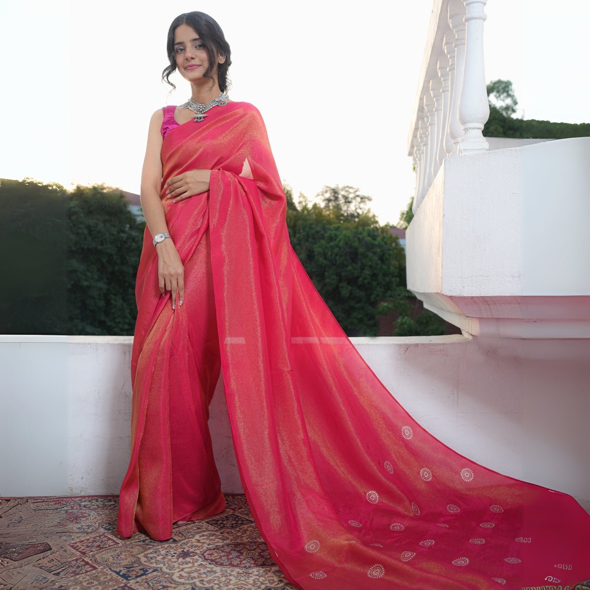 Scarlet Real Silver Saree in Tissue Silk – Womens Saree by October available on Brown Living™. . SKU: SR - SL/CS001 - MG. Img 3.