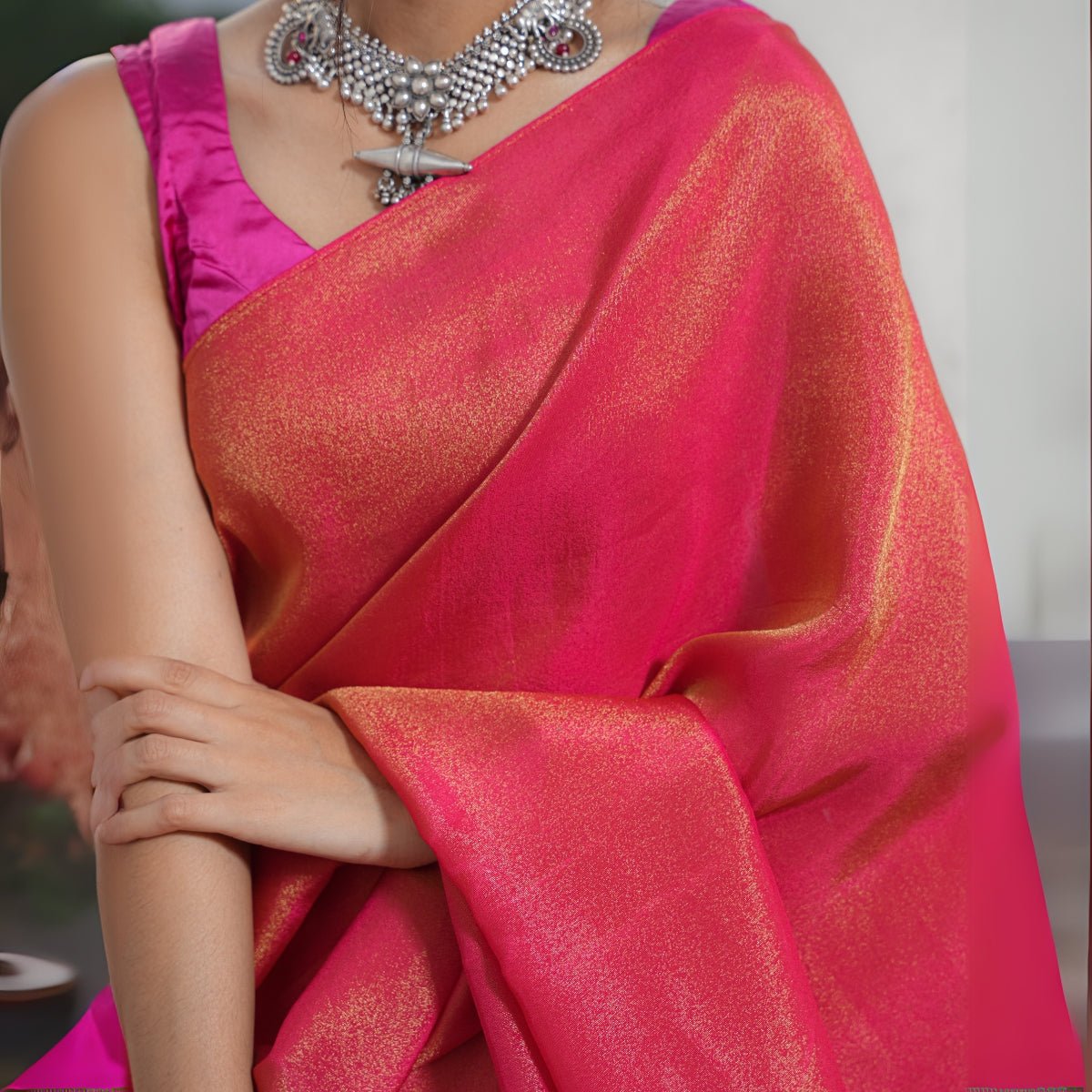 Scarlet Real Silver Saree in Tissue Silk – Womens Saree by October available on Brown Living™. . SKU: SR - SL/CS001 - MG. Img 5.