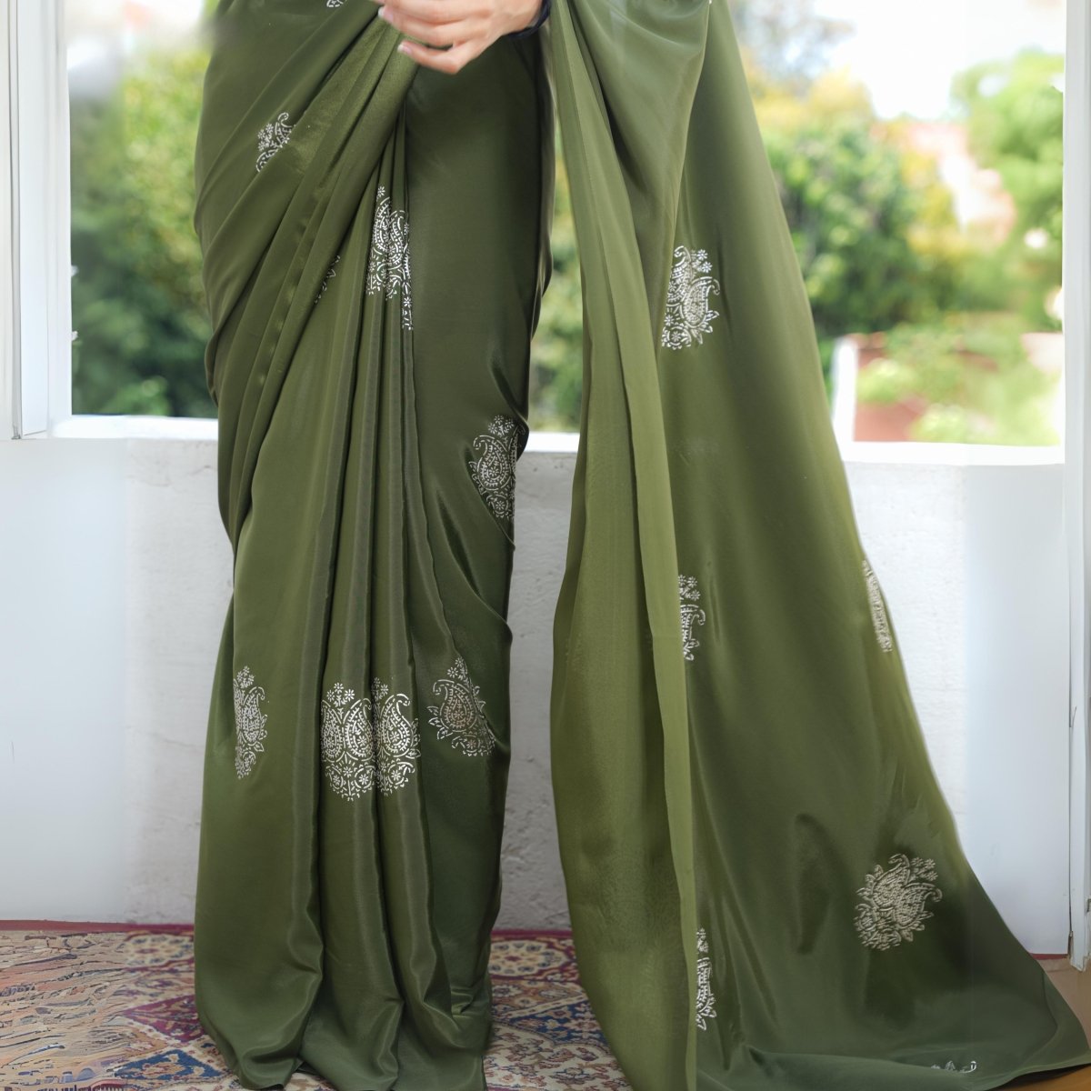 Chandi Ki Saree - Olive Green Silver Boota Silk Saree | Verified Sustainable by Brown Living™