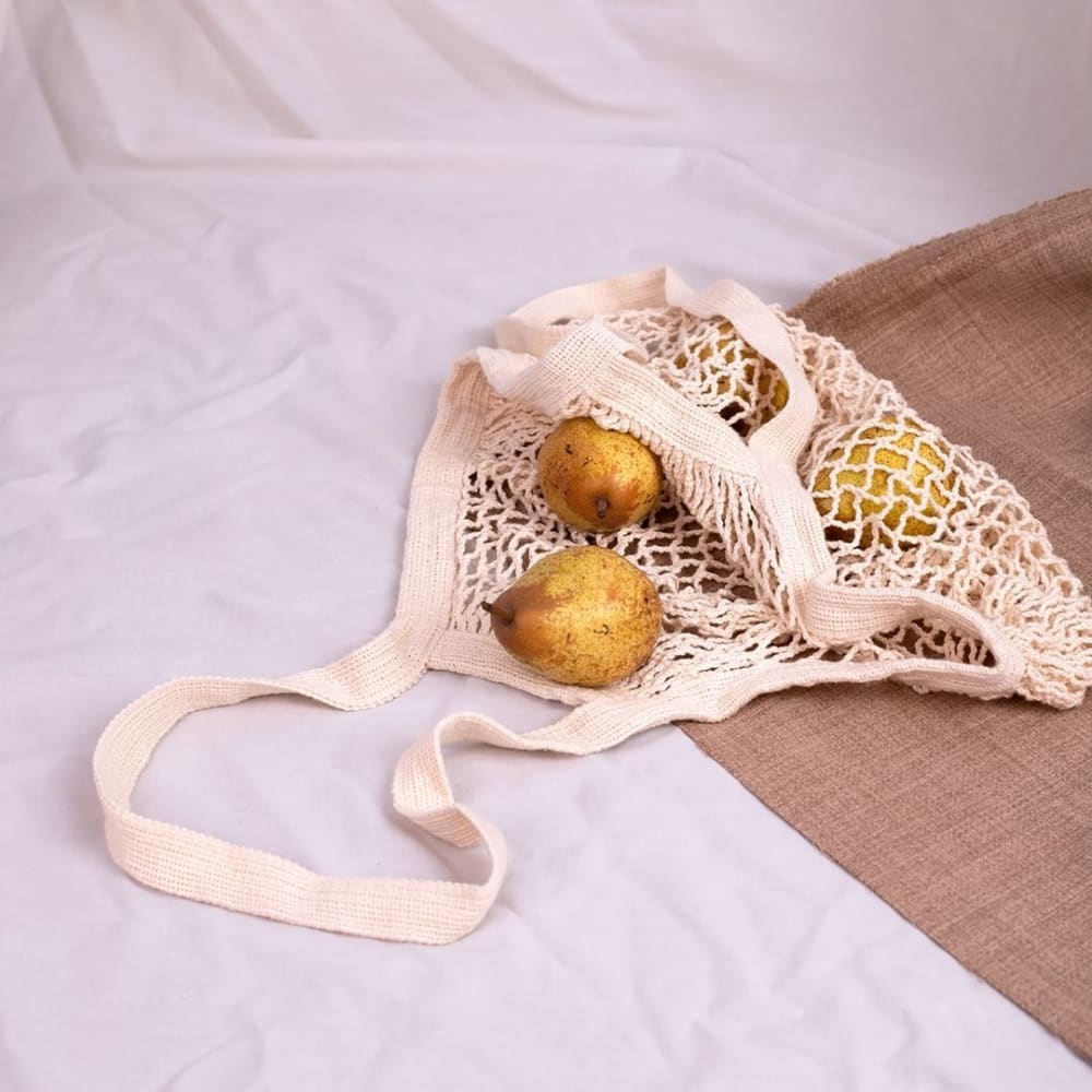 Cotton Refrigerator Mesh Bags - Set of 3 – Fridge Vegetable Bags by ONEarth available on Brown Living™. 2 shoulder bag Off white. SKU: OEP156. Img 5.