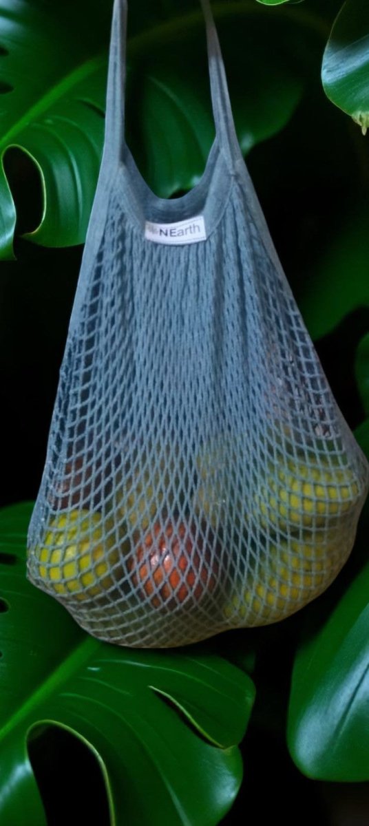 Cotton Refrigerator Mesh Bags - Set of 3 – Fridge Vegetable Bags by ONEarth available on Brown Living™. 2 handle bag dark grey. SKU: BL_OEP912. Img 9.