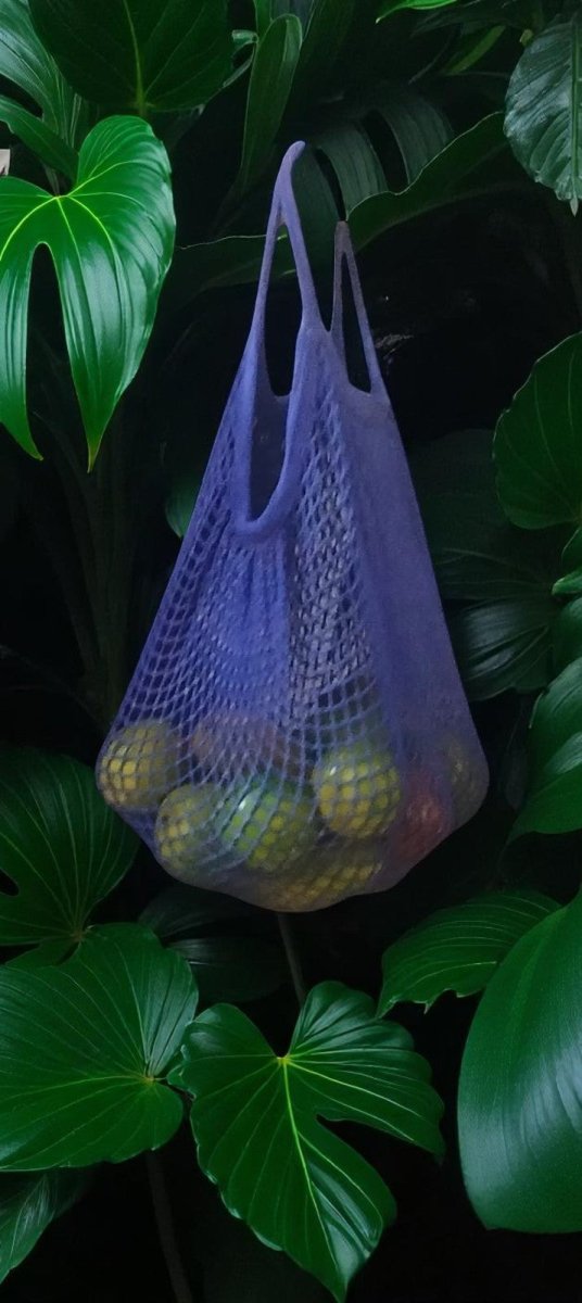 Cotton Refrigerator Mesh Bags - Set of 3 – Fridge Vegetable Bags by ONEarth available on Brown Living™. 2 handle bag purple. SKU: OEP912. Img 2.