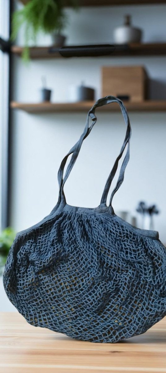 Cotton Refrigerator Mesh Bags - Set of 3 – Fridge Vegetable Bags by ONEarth available on Brown Living™. 2 handle bag dark grey. SKU: BL_OEP912. Img 11.