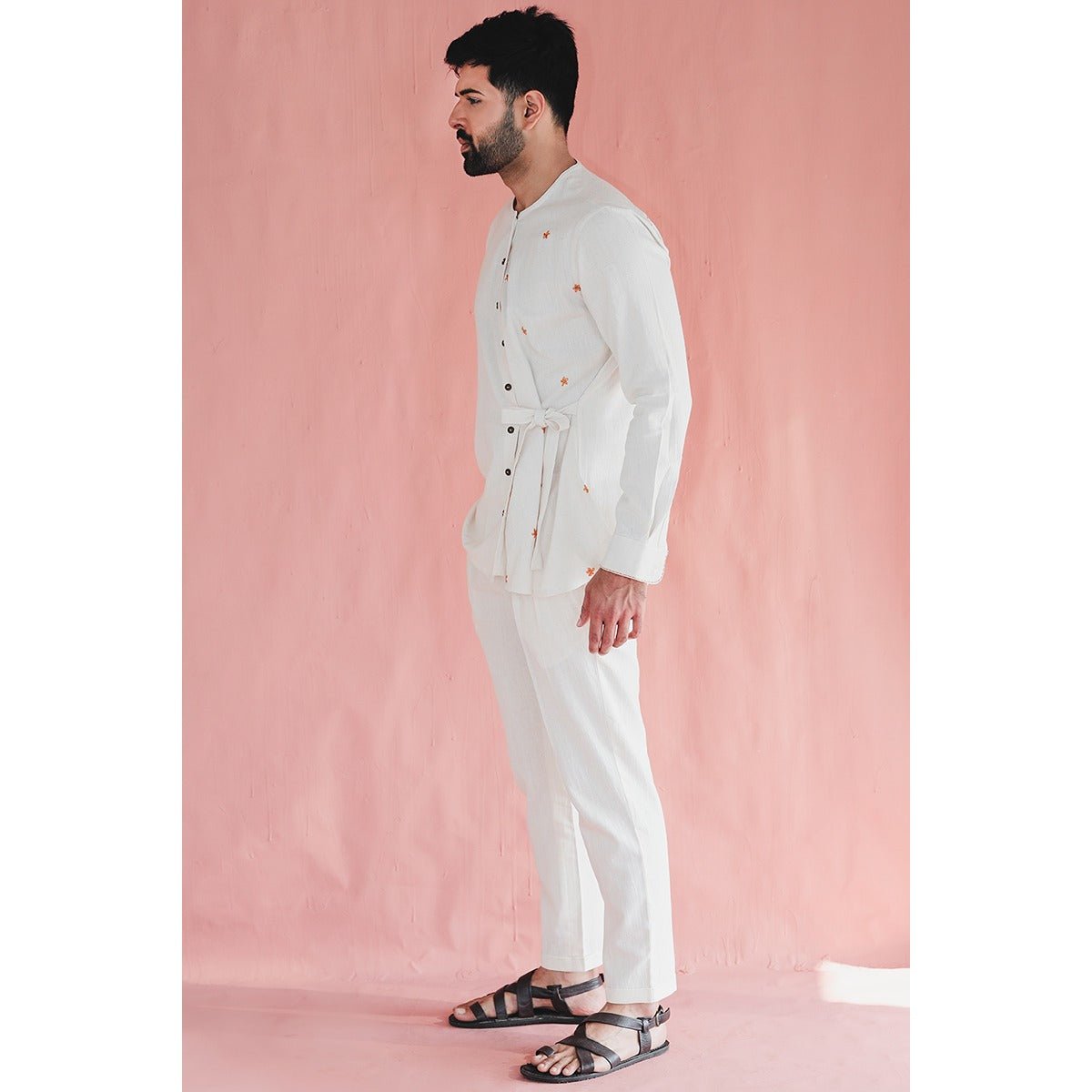 Dahlberg Khadi Shirt - Side Tie Up, Embroided Daisies – Mens Shirt on Brown Living™. SKU: DL0145XS. Img 3.