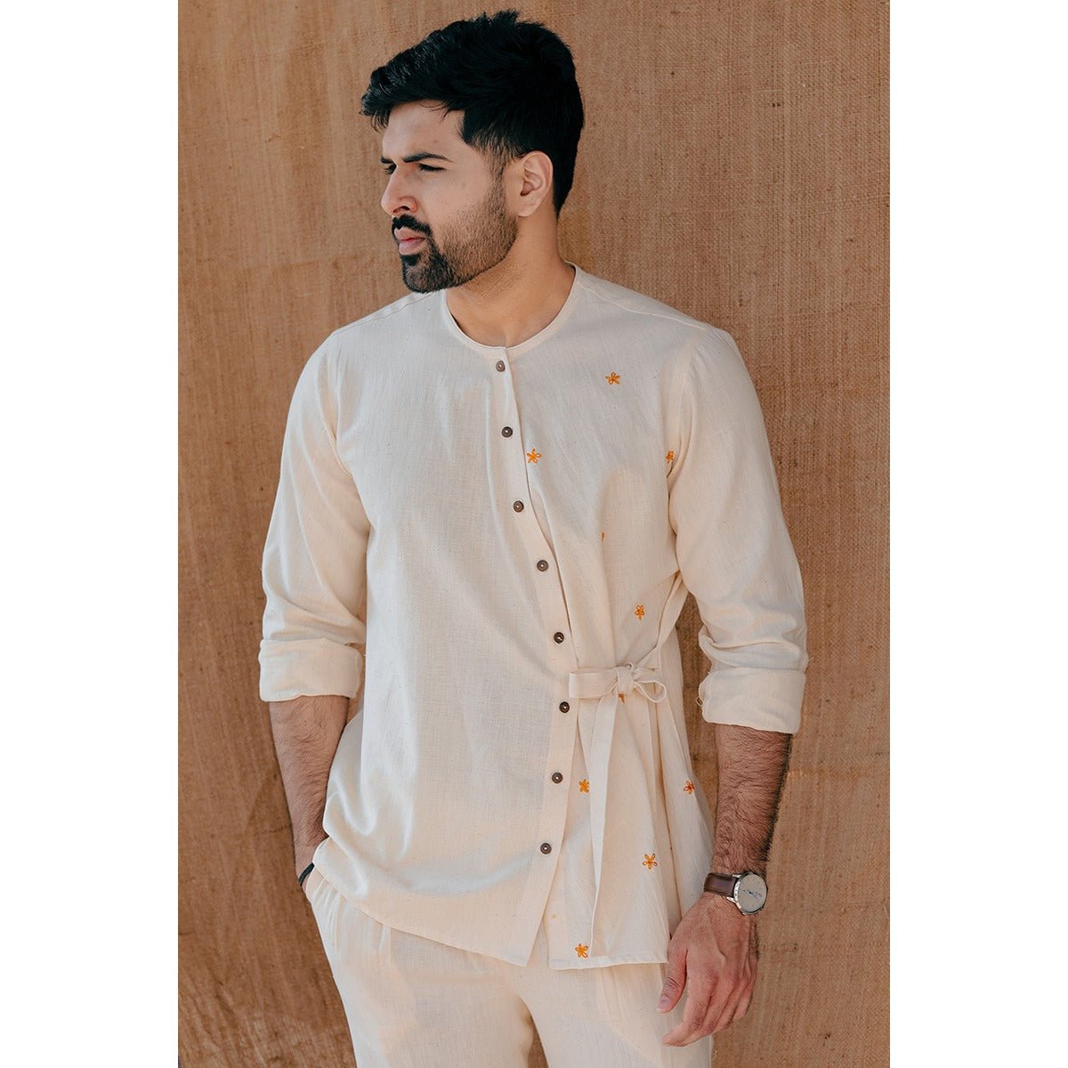 Dahlberg Khadi Shirt - Side Tie Up, Embroided Daisies – Mens Shirt on Brown Living™. SKU: DL0145XS. Img 1.