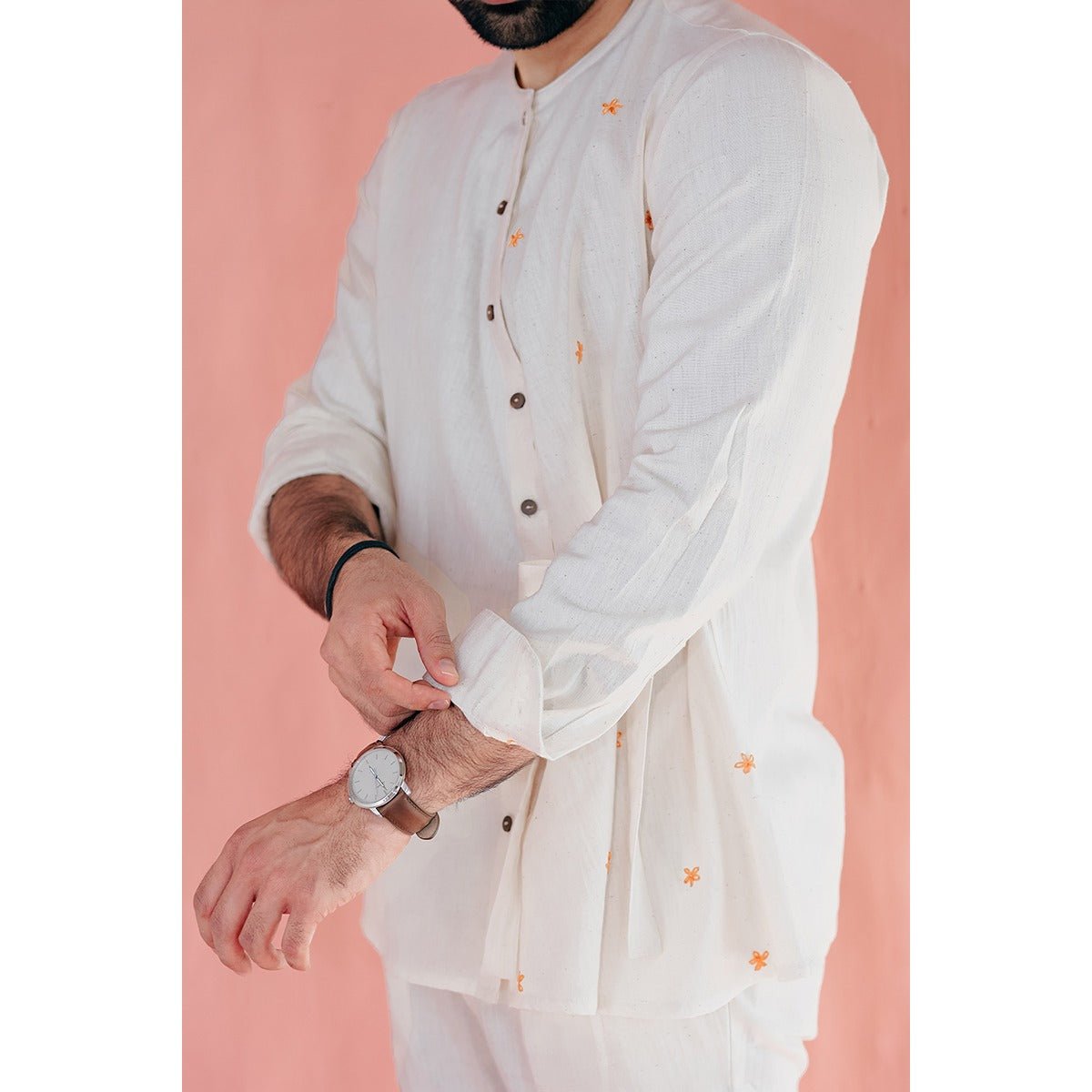 Dahlberg Khadi Shirt - Side Tie Up, Embroided Daisies – Mens Shirt on Brown Living™. SKU: DL0145XS. Img 5.