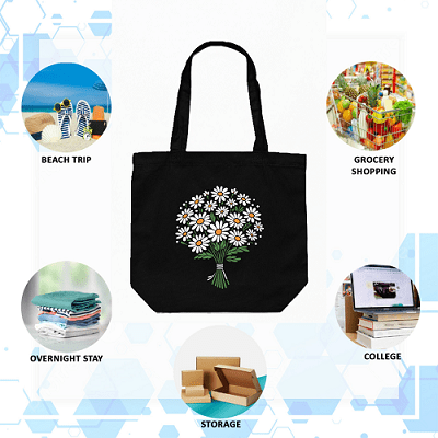 Daisy Black Canvas Tote – Zippered, Floral Design | Verified Sustainable by Brown Living™