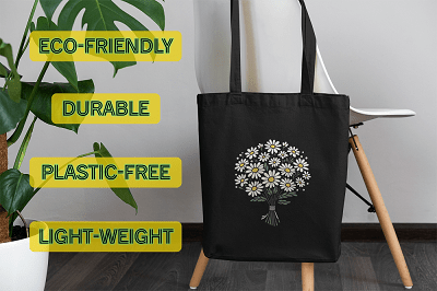 Daisy Black Canvas Tote – Zippered, Floral Design | Verified Sustainable by Brown Living™
