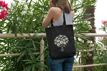 Daisy Black Canvas Tote – Zippered, Floral Design | Verified Sustainable by Brown Living™