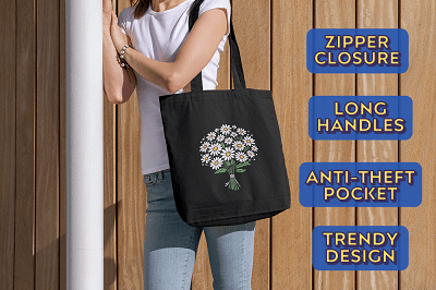 Daisy Black Canvas Tote – Zippered, Floral Design | Verified Sustainable by Brown Living™