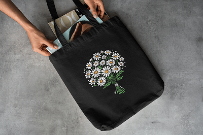 Daisy Black Canvas Tote – Zippered, Floral Design | Verified Sustainable by Brown Living™